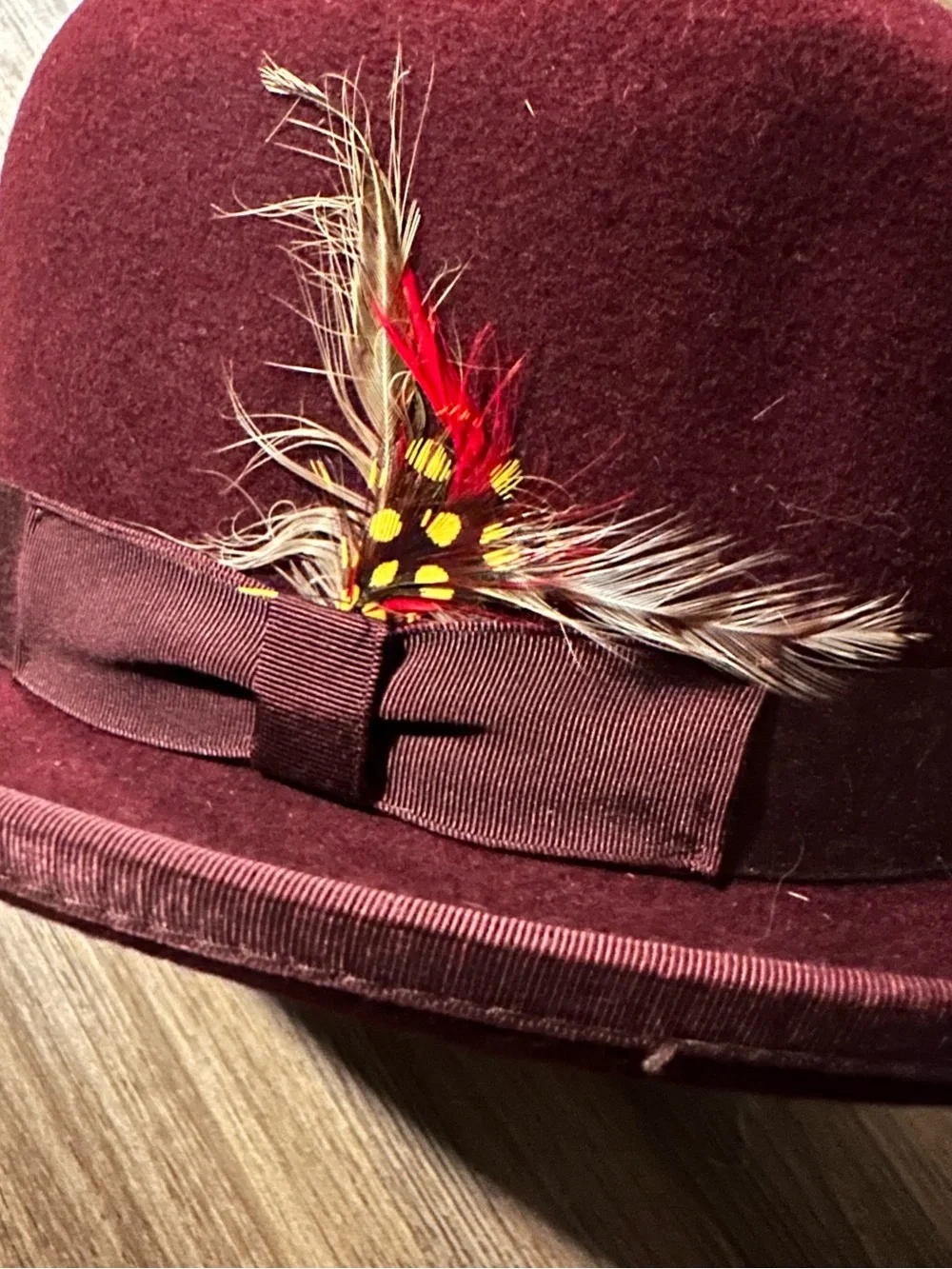 Golden gate hat co. Burgundy Wool  Bowler with Feather Trim. 100% wool.